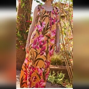 Rw&Co Medium Floral Boho Spring Summer Orange Pink Maxi Dress Lightweight